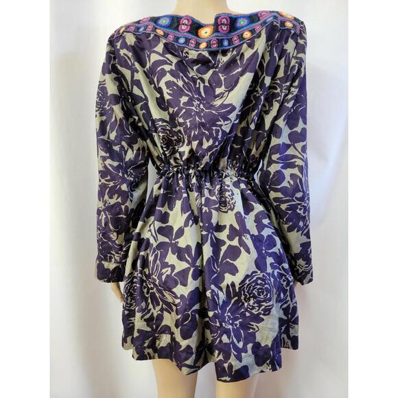 Johnny Was Square Neck Embroidered Floral Print Silk Dress Purple Sz M ?#C6 - Picture 6 of 9